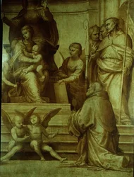 El gran retablo del consejo, detalle que representa a los santos reunidos a la izquierda de la Virgen, 1510