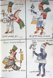Dioses de los antiguos mexicanos, Huitzilopochtli, Tezcatlipoca, Tlaloc y Paynal, texto en español, del facsímil del manuscrito Historia General de las Cosas de la Nueva España, también conocido como Códice Florentino, por Bernardino de Sahagún