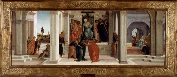 Tres escenas de la historia de Esther: Mardoqueo lamentándose, el desmayo de Esther, Amán implora su gracia