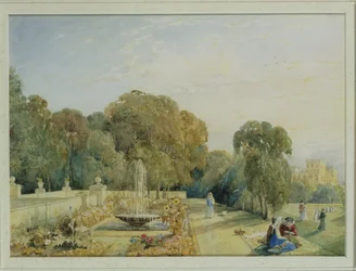 Vista de los jardines en Chatsworth, Derbyshire, c.1820