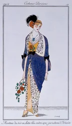 Trajes parisinos: Abrigo de noche de satén azul ceniza con adorno irlandés. Dibujado por Francisco Javier Gose (1876-1915)