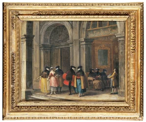 Figuras enmascaradas tomando café en el Caffè Florian, Venecia