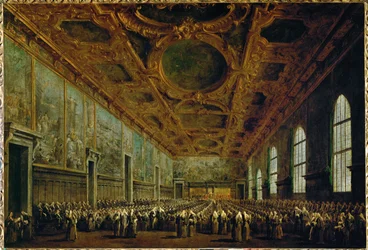 Tras su elección, el Dux da las gracias al Gran Consejo en la Sala del Gran Consejo del Palacio Ducal de Venecia, Italia ...