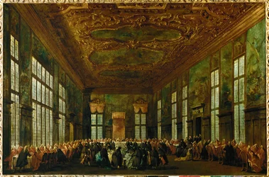 Comida ceremonial en el Palacio Ducal en la Gran Sala del Consejo, el Dux sentado en el centro-fondo ...
