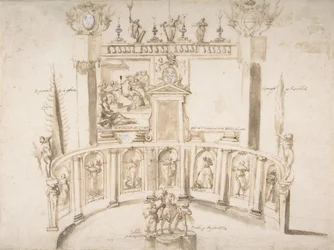 Diseño para una Fiesta en el Jardín con una Pared Semicircular y Estatuas en Nichos, ca. 1635-79