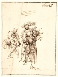 Boceto de mujer caminando con un niño a su lado y una figura sentada detrás