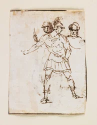 Estudio de dos soldados romanos y una figura barbuda (recto); Estudio de un hombre barbudo caminando con un bastón (verso)