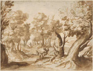Dos figuras pescando en un paisaje