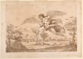 Ángel con dos niños en sus brazos