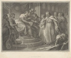 Eduardo, príncipe de Gales, presenta a su padre Eduardo III al rey cautivo Juan de Francia y a sus hijos después de la batalla de Poitiers