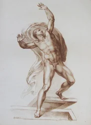 Figura masculina copiada de "El Juicio Final" de Miguel Ángel (grabado)