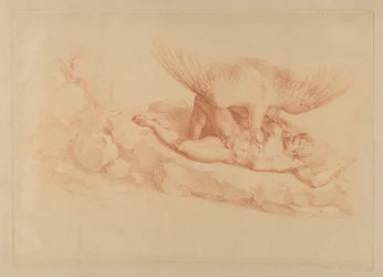 Prometeo, desnudo, encadenado a una roca, mirando hacia arriba a un águila sobre él, 1795