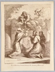 Tres santos, la Virgen y el Niño en las nubes