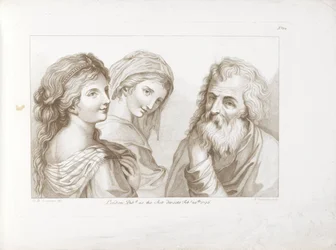 Dos mujeres jóvenes y un anciano. Ciprianis rudimentos de dibujo grabados por F Bartolozzi