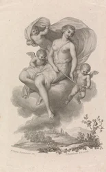 Venus con tres cupidos en el cielo