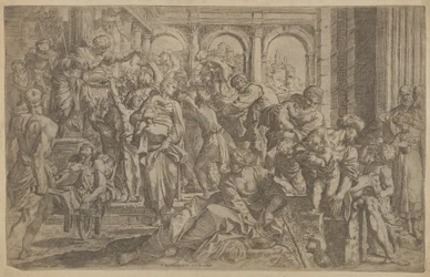 San Roque a la izquierda distribuyendo limosnas a un grupo de personas reunidas a su alrededor, ca. 1607