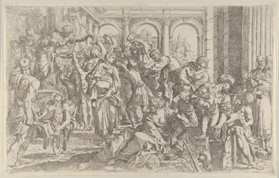San Roque a la izquierda distribuyendo limosnas a un grupo de personas reunidas a su alrededor, ca. 1590-1600