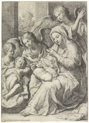 María y el niño Cristo durmiente rodeados de ángeles
