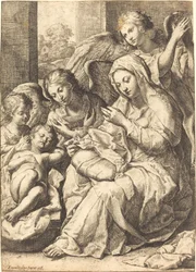 Virgen y ángeles velando al niño Jesús dormido