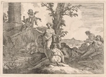 Seis ninfas y dos cupidos en un paisaje