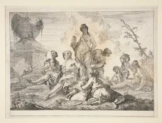 Venus, Vulcano, tres ninfas y tres querubines en un paisaje