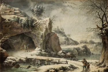 Un paisaje fluvial helado con figuras