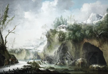 Un paisaje fluvial en invierno, con viajeros en un camino nevado