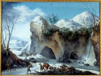 Paisaje nevado. Observadores cortan madera, una diligencia está a punto de entrar en un túnel. Pintura de Francesco Foschi