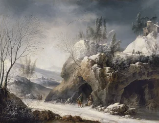 Paisaje invernal con una familia paseante