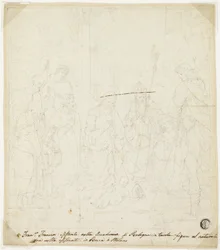 Adoración del Niño Jesús, con los santos José, Francisco de Asís y Agustín, asistidos por Anton Galeazzo Bentivoglio y Alessandro Bentivoglio