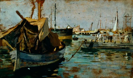 Trabajando en el puerto de Livorno (Leghorn) de Francesco Gioli (1846-1922), óleo sobre tabla, 22x38 cm