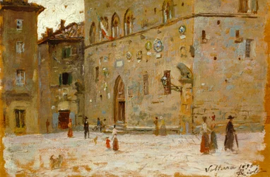 En la plaza de Volterra de Francesco Gioli (1846-1922), óleo sobre tabla
