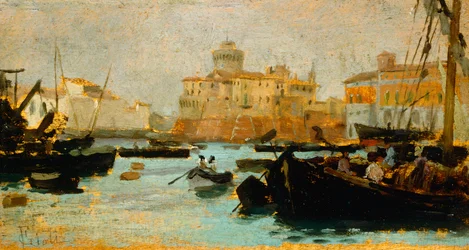 Puerto en Livorno de Francesco Gioli (1846-1922), óleo sobre tabla, 9x17 cm