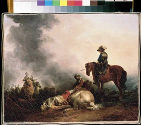 "Apres la bataille" (Después de la batalla) Alegoría de la guerra, un guerrero mata. Pintura de Francesco Giuseppe Casanova (1727-1802) Museo de Arte Mikhail Kroshitsky, Sebastopol (Ucrania)