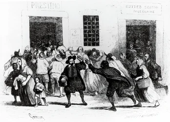 El saqueo de la panadería de las muletas, episodio de Los Novios, por Alessandro Manzoni (1785-1873), ilustración de Francesco Gonin (1808-1889) edición de 1840