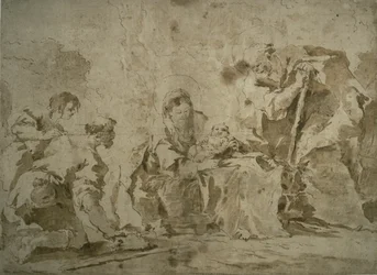 Adoración de los pastores (anverso); Tres bocetos: Edificios junto al canal con barcas, Paisaje con buldings en la ladera, Edificios con pórtico (verso)