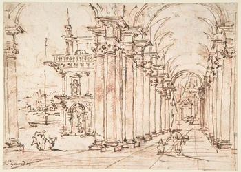 Capricho arquitectónico: columnata abovedada de un palacio