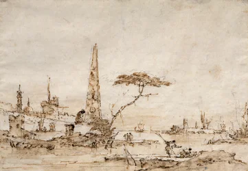 Capriccio junto a una laguna veneciana con un obelisco y un león fuera de las murallas de una ciudad fortificada (pluma y tinta)