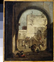 "" Capricho veneciano: un lugar y un palacio "" (Capriccio veneciano: vista de una plaza y un palacio) Pintura de Francesco Guardi (1712-1793) 1775-1780 Dim. 27x23 cm Museo del Hermitage, San Petersburgo