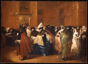 Damas y caballeros en traje de carnaval en el Ridotto, Venecia