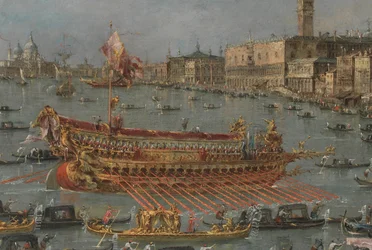 Festival del Bucintoro de Venecia. El Bacino di S. Marco con el Bucintoro, la barcaza estatal del Dogo, en el Día de la Ascensión (detalle), 1780-93