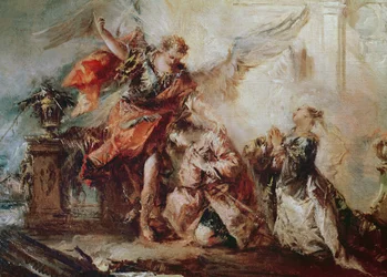 El matrimonio de Tobías, (detalle) de la pareja Sara y Tobías ante el intermediario de Rafael dando gracias a Dios, c.1750