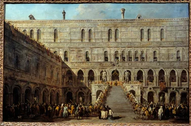 La coronación del Dogo de Venecia en la escalera de los Gigantes en el Palacio Ducal
