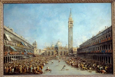 El dogo de Venecia Alvise IV llevado por los gondoleros después de su elección en la Plaza de San Marcos en 1763. Pintura de Francesco Guardi