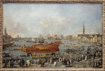 El inicio del Bucentauro hacia el Lido de Venecia en el Día de la Ascensión, el Dogo participa en el gran evento de las celebraciones de la Ascensión, la boda de Venecia con el Adriático conmemorando la conquista de Dalmacia en el siglo XIV