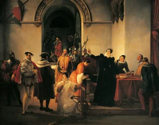 María Reina de Escocia protestando su inocencia ante los alguaciles mientras se lee su sentencia de muerte