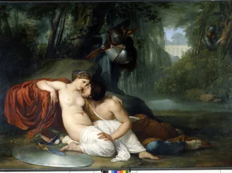 El amor de Renaud y Armide Ilustración de una escena de “La Jerusalén liberada” (La gerusalemme liberata) de Torquato Tasso. La encantadora Armide rodeada de Amores muy simbólicos seduce con la ayuda de su espejo mágico al caballero Re