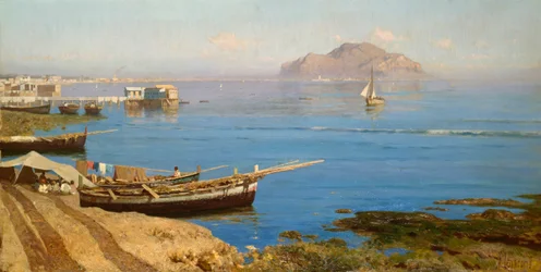 Puerto deportivo con barca y pescadores, de Francesco Lojacono (1838-1915), óleo sobre lienzo, 61x118 cm