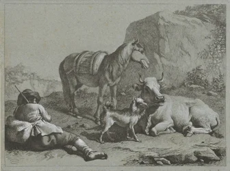 Pastor reclinado con caballo, vaca y perro Escenas de pastores (título de la serie)