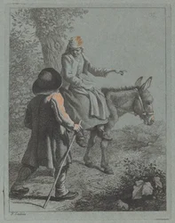 Campesina sentada en un burro y campesino